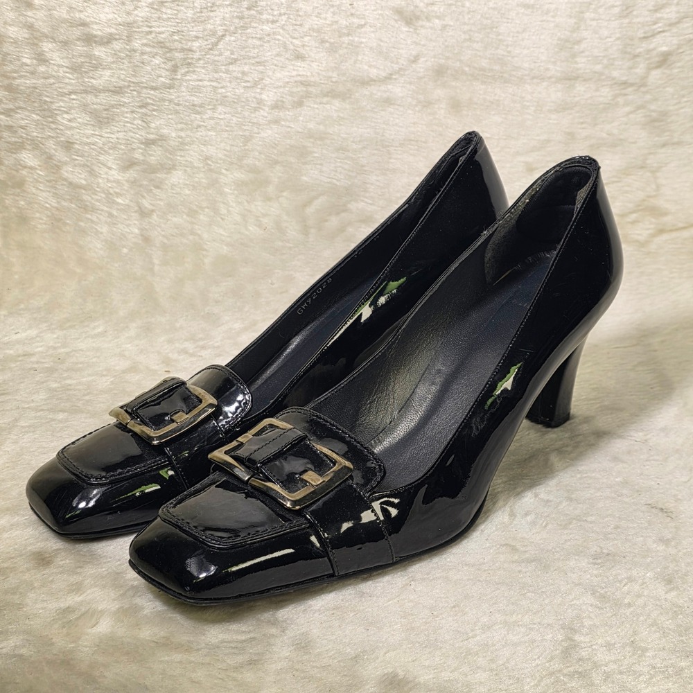 VTG Stuart Weitzman Patent Leather Buckle Pumps Black Square Toe Women Size 12